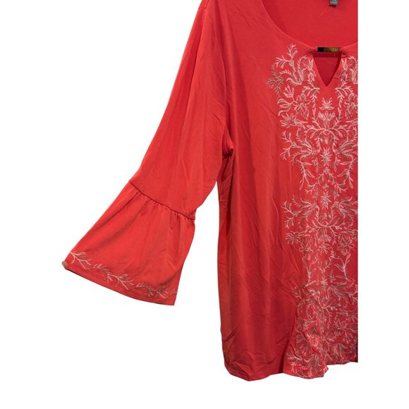 JM Collection Womens XXL Red Embroidered Bell Sleeve Tunic Top Polyester/Spandex - Picture 4 of 6